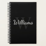 Personalized Monogram and Name Black Planner<br><div class="desc">Personalized Monogram and Name Gift
features personalized name in white script font style and monogram in grey serif font style as background,  on black background.

Perfect as gift for him,  father's day gift and gift for any special occasions.</div>