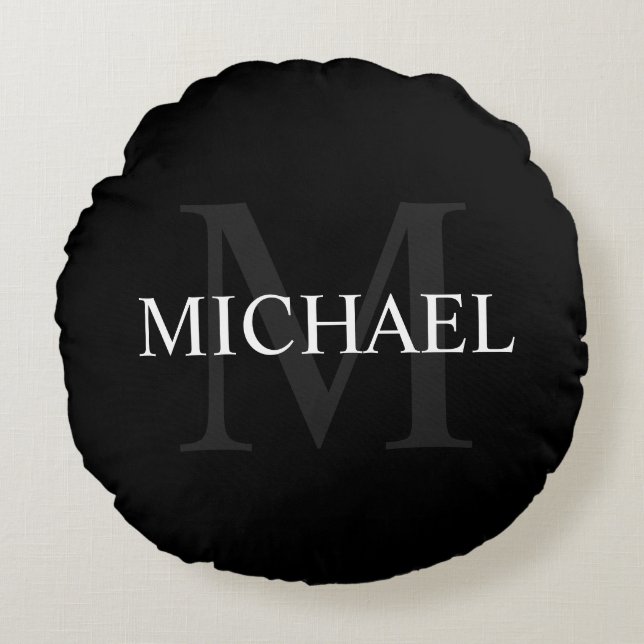 Personalized Monogram and Name Black Round Pillow (Front)