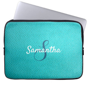 Personalized Monogram and Name Blue Leather Laptop Sleeve