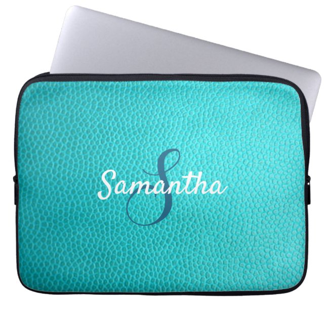 Personalized Monogram and Name Blue Leather Laptop Sleeve (Front)