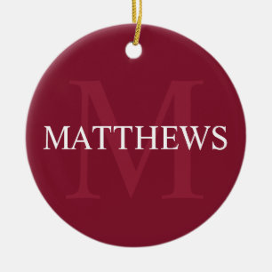 Personalized Monogram and Name Burgundy Red Ceramic Ornament