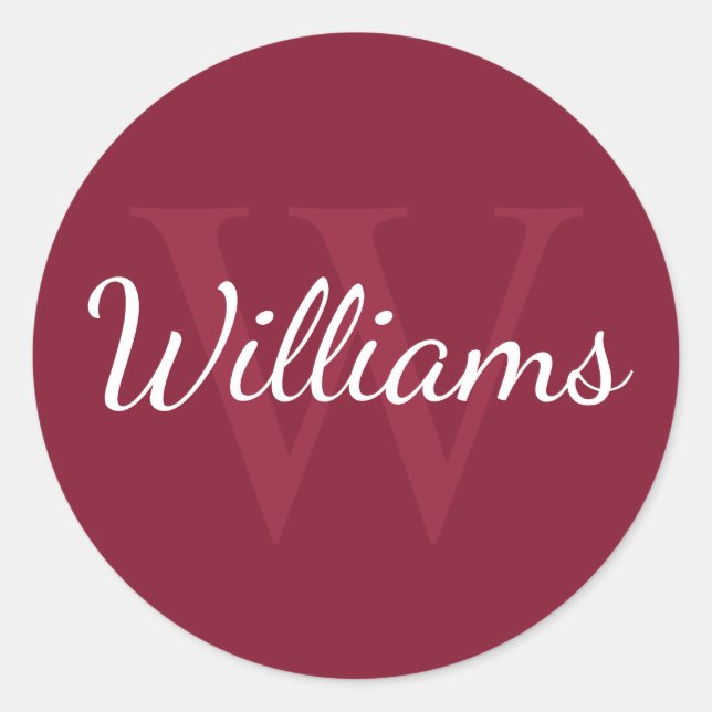 Personalized Monogram and Name Burgundy Red Classic Round Sticker (Front)