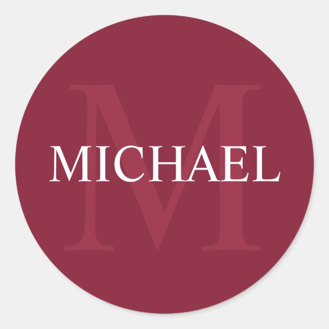 Personalized Monogram and Name Burgundy Red Classic Round Sticker (Front)