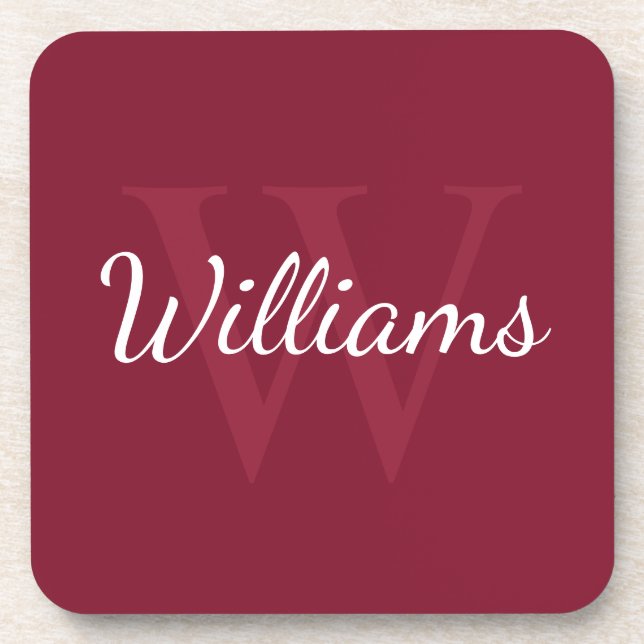 Personalized Monogram and Name Burgundy Red Coaster (Front)