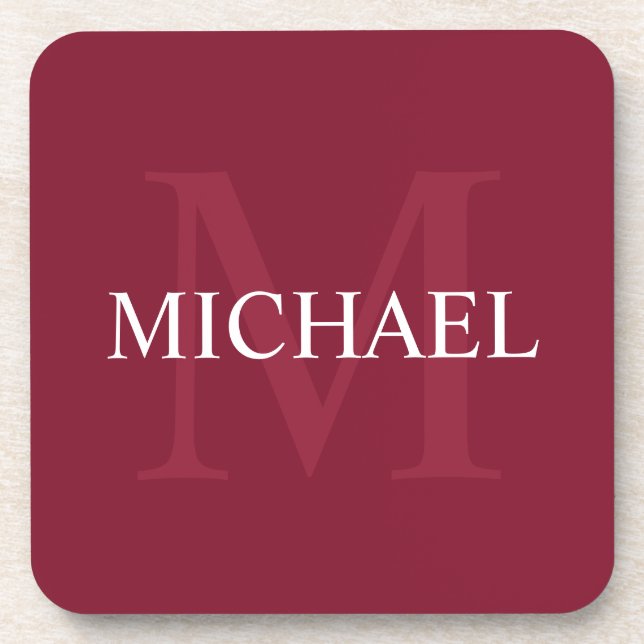 Personalized Monogram and Name Burgundy Red Coaster (Front)