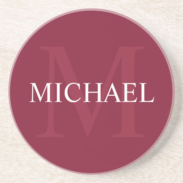 Personalized Monogram and Name Burgundy Red Coaster (Front)