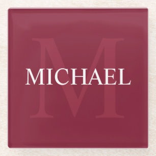 Personalized Monogram and Name Burgundy Red Glass Coaster
