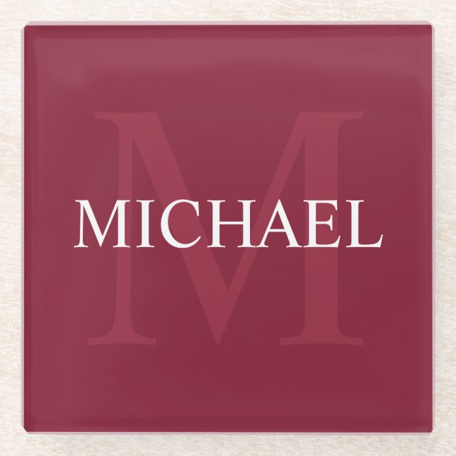 Personalized Monogram and Name Burgundy Red Glass Coaster (Front)