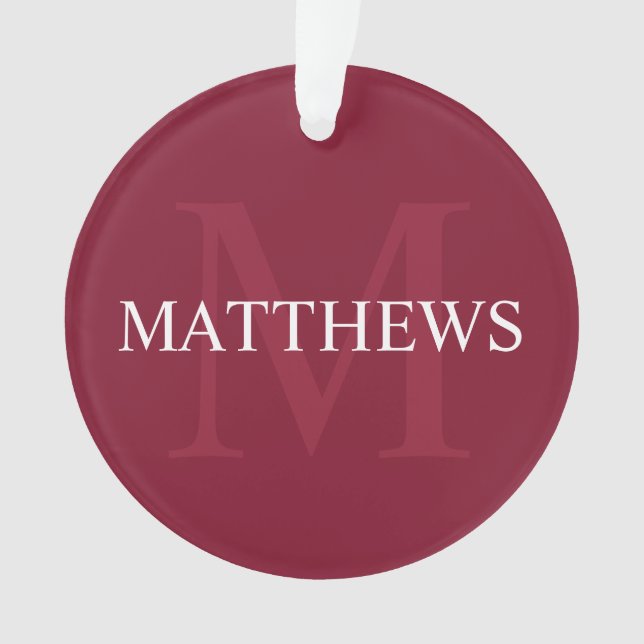Personalized Monogram and Name Burgundy Red Ornament (Front)