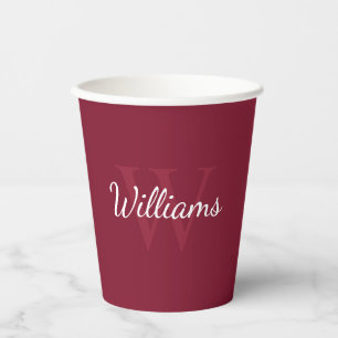 Personalized Monogram and Name Burgundy Red Paper Cups