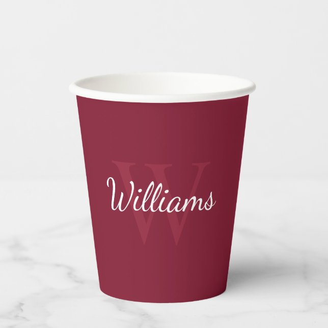Personalized Monogram and Name Burgundy Red Paper Cups (Front)