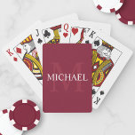 Personalized Monogram and Name Burgundy Red Playing Cards<br><div class="desc">Personalized Monogram and Name Gift
features personalized name in white and monogram in light burgundy red as background,  in classic serif font style,  
on burgundy red background.

Perfect as holiday gift,  family reunion favours,  thank you gift for groomsmen and gift for any special occasions.</div>
