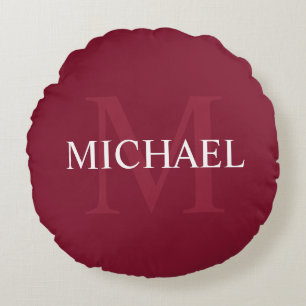 Personalized Monogram and Name Burgundy Red Round Pillow