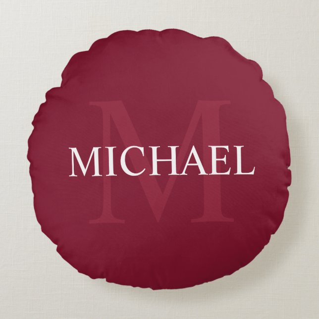 Personalized Monogram and Name Burgundy Red Round Pillow (Front)