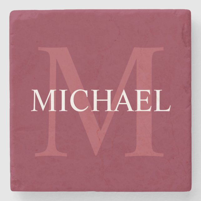 Personalized Monogram and Name Burgundy Red Stone Coaster (Front)