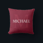 Personalized Monogram and Name Burgundy Red Throw Pillow<br><div class="desc">Personalized Monogram and Name Gift
features personalized name in white and monogram in light burgundy red as background,  in classic serif font style,  
on burgundy red background.

Perfect as holiday gift,  family reunion favours,  housewarming gift and gift for any special occasions.</div>
