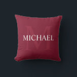 Personalized Monogram and Name Burgundy Red Throw Pillow<br><div class="desc">Personalized Monogram and Name Gift
features personalized name in white and monogram in light burgundy red as background, in classic serif font style,
on burgundy red background.
Perfect as holiday gift, family reunion favours, housewarming gift and gift for any special occasions.</div>