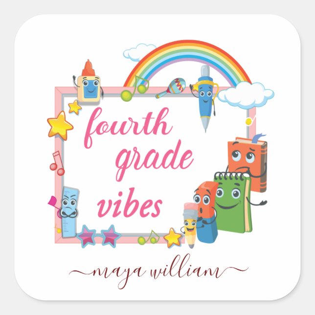 Personalized Monogram And Name Fourth Grade Vibes  Square Sticker (Front)