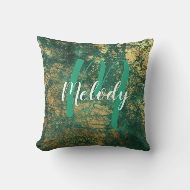 Personalized Monogram and Name Green and Gold Throw Pillow (Front)