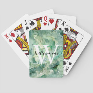 Personalized Monogram and Name Green Watercolor Playing Cards