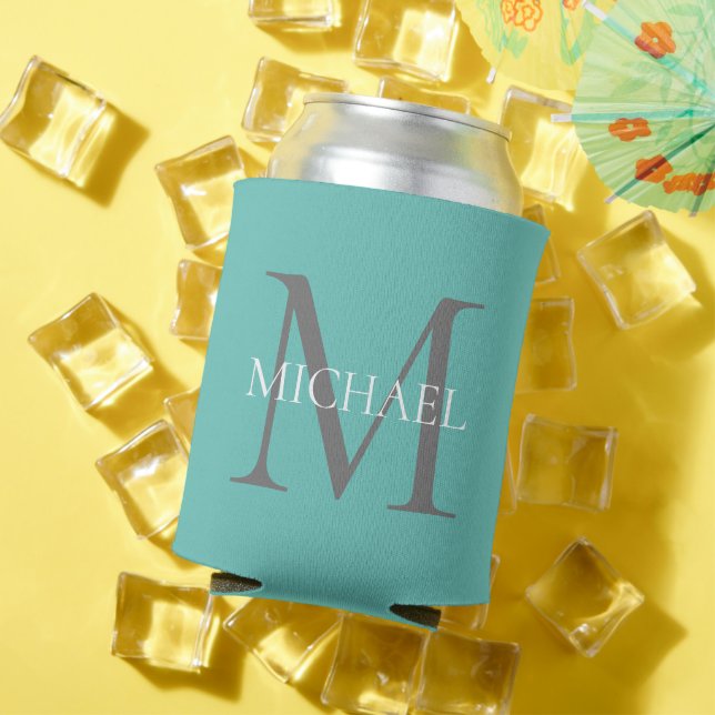 Personalized Monogram and Name Light Teal Can Cooler (In Situ Summer)