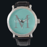 Personalized Monogram and Name Light Teal Watch<br><div class="desc">Personalized Elegant Monogram and Name Gifts featuring personalized monogram in classic serif font style with box of name in the middle of monogram.</div>