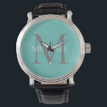 Personalized Monogram and Name Light Teal Watch<br><div class="desc">Personalized Elegant Monogram and Name Gifts featuring personalized monogram in classic serif font style with box of name in the middle of monogram.</div>