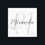 Personalized Monogram and Name Marble Canvas Print<br><div class="desc">Personalized Monogram and Family Name Gift
featuring name in grey modern script font style and monogram in light grey modern script font style as background on white marble background.</div>