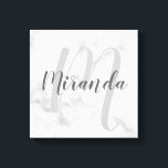 Personalized Monogram and Name Marble Canvas Print<br><div class="desc">Personalized Monogram and Family Name Gift
featuring name in grey modern script font style and monogram in light grey modern script font style as background on white marble background.</div>
