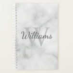 Personalized Monogram and Name Marble Look Planner<br><div class="desc">Personalized Monogram and Name Gift
features personalized name in grey script font style and monogram in light grey serif font style as background, on white marble look background.
Perfect as gift for him, father's day gift and gift for any special occasions.</div>