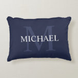 Personalized Monogram and Name Navy Blue Accent Pillow<br><div class="desc">Personalized Monogram and Name Gift
features personalized name in white and monogram in light navy blue as background,  in classic serif font style,  
on navy blue background.

Perfect as holiday gift,  family reunion favours,  housewarming gift,  wedding gift and gift for any special occasions.</div>