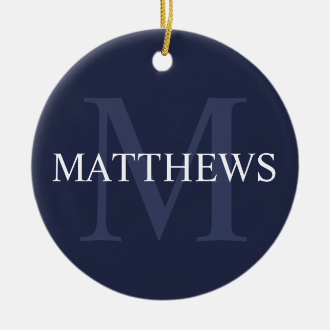 Personalized Monogram and Name Navy Blue Ceramic Ornament (Front)