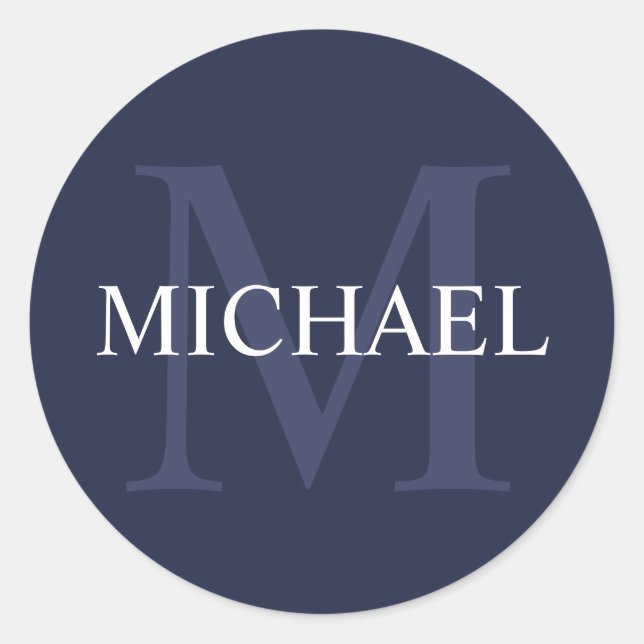Personalized Monogram and Name Navy Blue Classic Round Sticker (Front)