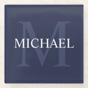 Personalized Monogram and Name Navy Blue Glass Coaster