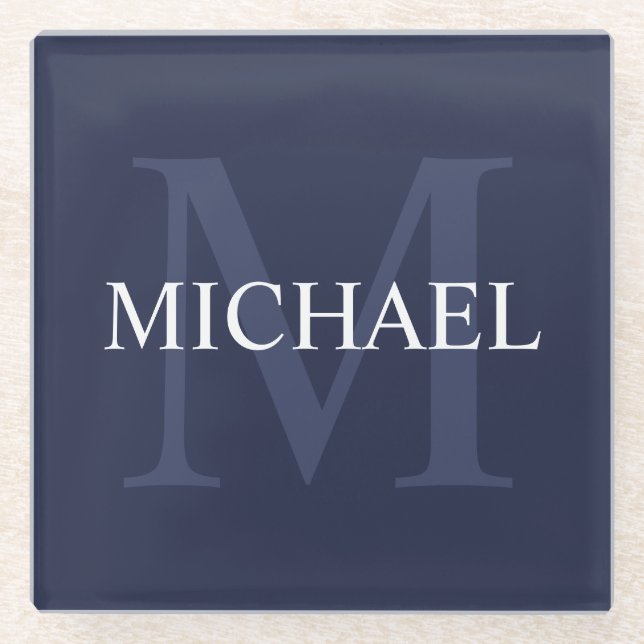 Personalized Monogram and Name Navy Blue Glass Coaster (Front)