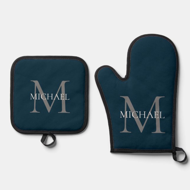 Personalized Monogram and Name Navy Blue Oven Mitt & Pot Holder Set (Front)