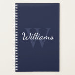 Personalized Monogram and Name Navy Blue Planner<br><div class="desc">Personalized Monogram and Name Gift
features personalized name in white script font style and monogram in light navy blue serif font style as background,  on navy blue background.

Perfect as gift for him,  father's day gift and gift for any special occasions.</div>