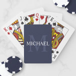 Personalized Monogram and Name Navy Blue Playing Cards<br><div class="desc">Personalized Monogram and Name Gift
features personalized name in white and monogram in light navy blue as background,  in classic serif font style,  
on navy blue background.

Perfect as holiday gift,  family reunion favours,  thank you gift for groomsmen and gift for any special occasions.</div>