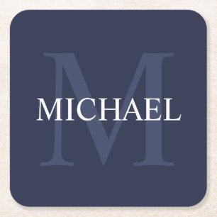 Personalized Monogram and Name Navy Blue Square Paper Coaster