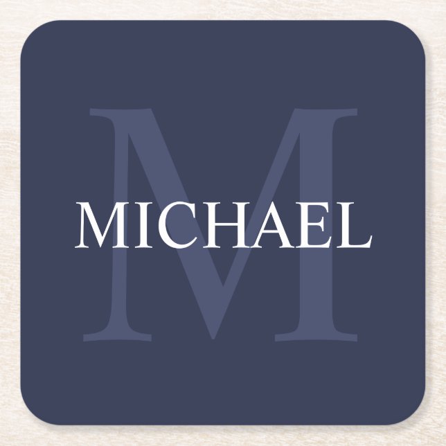 Personalized Monogram and Name Navy Blue Square Paper Coaster (Front)