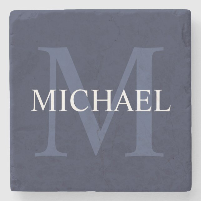 Personalized Monogram and Name Navy Blue Stone Coaster (Front)