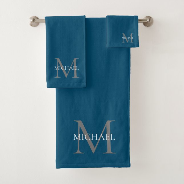 Personalized Monogram and Name Ocean Blue Bath Towel Set (Insitu)