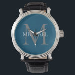 Personalized Monogram and Name Ocean Blue Watch<br><div class="desc">Personalized Elegant Monogram and Name Gifts featuring personalized monogram in classic serif font style with box of name in the middle of monogram.</div>