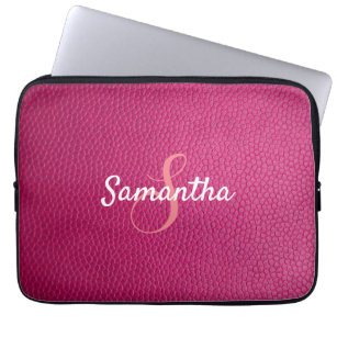 Personalized Monogram and Name Pink Leather Laptop Sleeve