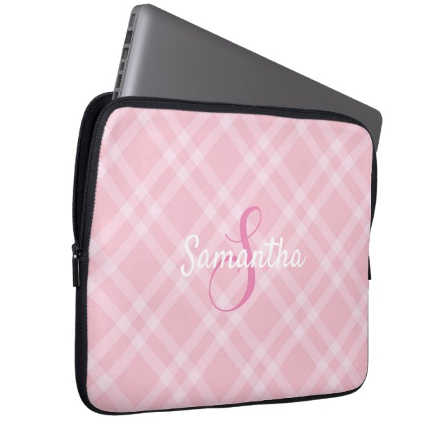 Personalized Monogram and Name Pink Plaid Gingham  Laptop Sleeve (Front Right)