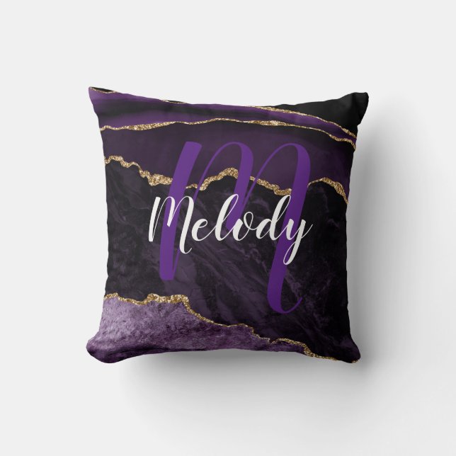 Personalized Monogram and Name Purple and Gold Throw Pillow (Front)