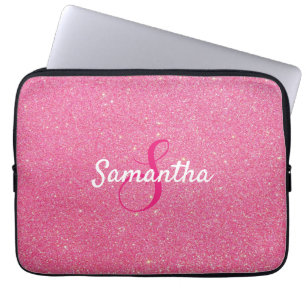 Personalized Monogram and Name Rose Pink Glitter  Laptop Sleeve
