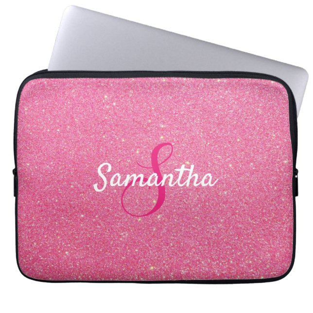 Personalized Monogram and Name Rose Pink Glitter  Laptop Sleeve (Front)