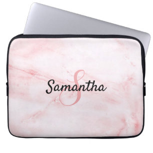 Personalized Monogram and Name Rose Pink Marble  Laptop Sleeve
