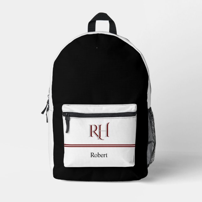 Personalized Monogram and Name White Grey Red Printed Backpack (Front)